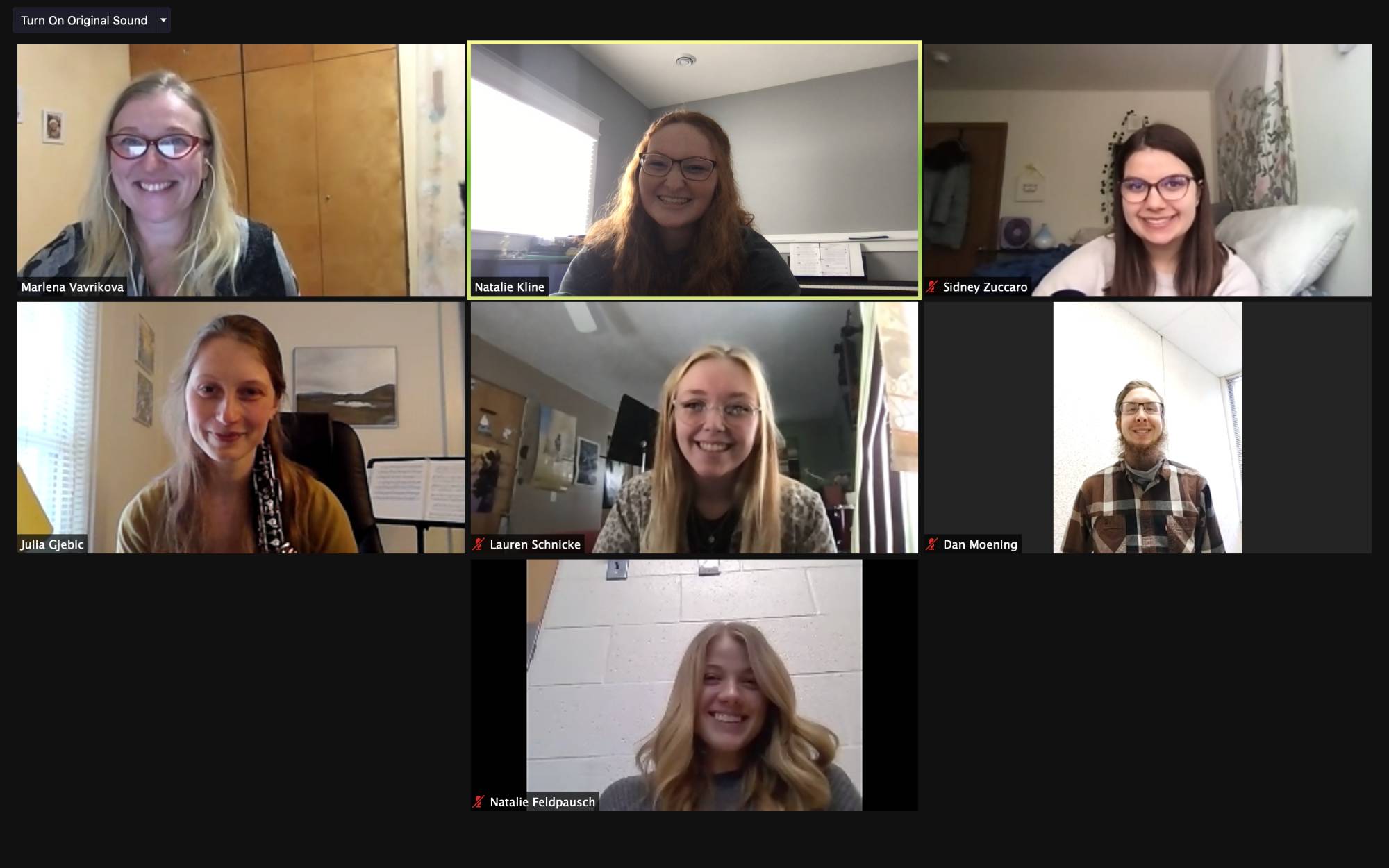 A Zoom photo of the Julia Gjebic oboe master class. In the photo: Marlen Vavrikova, Natalie Kline, Sidney Zuccaro, Julia Gjebic, Lauren Schnicke, and Daniel Moening.